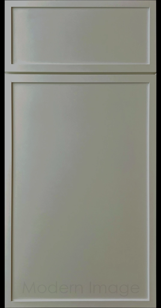 Close-up of a Eveergreen Arcadia shaker-style cabinet door, featuring slim stile and rail surrounding a flat center panel